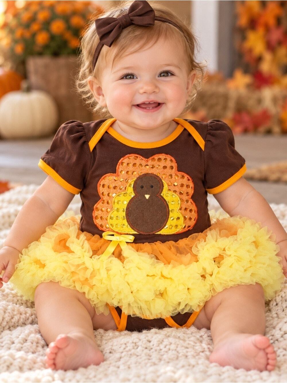 KereiI Sui Brown & Yellow  Sequin Turkey Onesie with Tutu Sz S (0-3 M) #959